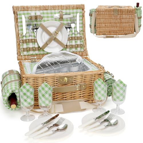 Picnic Basket for 4, Insulated Willow Picnic Baskets with Shoulder Strap, Picnic Hamper with Waterproof Picnic Blanket, Handmade Wicker Hamper for Outdoor Camping, GreenCheck - style: GreenCheck-4P