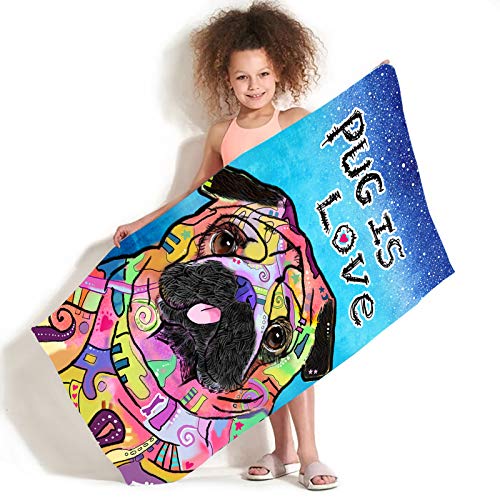Bonsai Tree Pug Beach Towel, Cute Puppy Dog Themed Microfiber Bath Towel Gifts for Pug Lovers, Funny Abstract Trippy Sand Free Quick Dry Travel Towels for Kids Yoga Sports 30" x 60" - color: Pug 1, size: 30"x60"