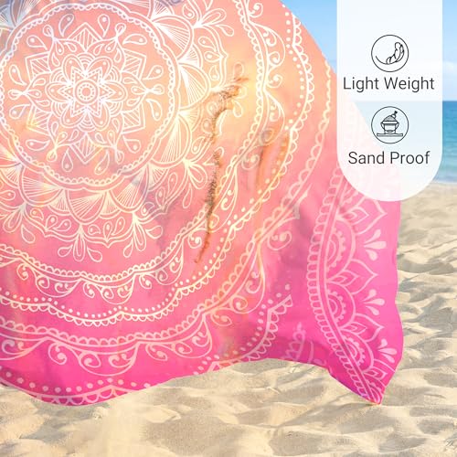 Sunlit Silky Soft Sand Proof Beach Blanket 106"x81" / 85"x72" Sand Proof Mat with Corner Pockets and Mesh Bag for Beach Party, Travel, Camping and Outdoor Music Festival, Mandala - color: Purple Red, size: 120"x108"