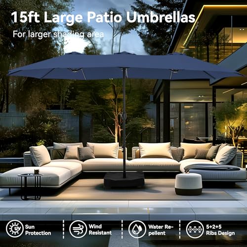 PHI VILLA 15ft Large Patio Umbrellas with Base Included, Outdoor Double-Sided Rectangle Market Umbrella with Crank Handle, for Pool Lawn Garden, Navy Blue - color: Navy Blue