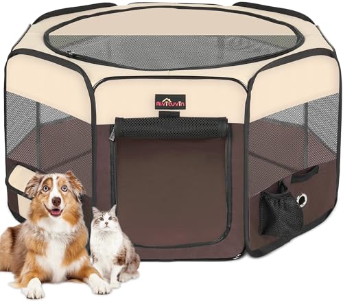 Aivituvin Dog Playpen Foldable Waterproof Pet Play Pens for Cat, Puppies, Rabbits, Chickens, Durable Portable Pet Tent for Travel Camping Indoor/Outdoor Brown XL - color: BROWN, size: XL