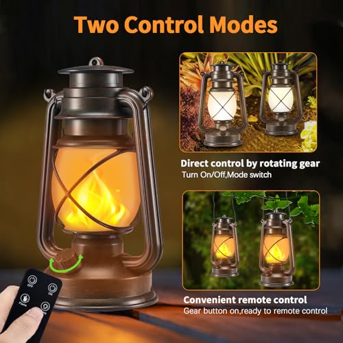 Battery-Powered 2 Modes Lighting LED Vintage Lanterns Decorative Outdoor & Indoor, 2 Pack Bronze Lights with Dancing Flame, Waterproof Remote Control Retro Lanterns Decor for Room,Garden,Porch