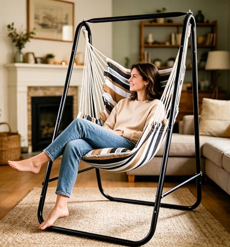 Hammock Chair with Stand,Hammock Chair Stand with Hanging Swing Chair Included,Weather Resistant Hammock Stand Max 450 Lbs,Saving Space Swing Stand for Indoor Outdoor Patio Yard Patented(Coffee)