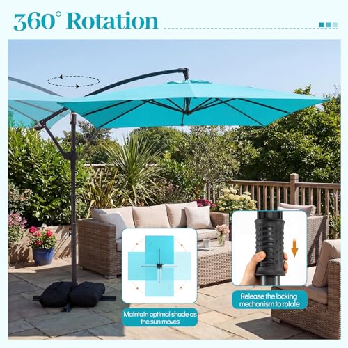Tangkula 8x8 FT Patio Umbrella with Base Included, Square Offset Cantilever Outdoor Umbrella with 360 Degree Rotation, Crank Handle, Sandbags, 8 Ribs for Pool Deck Garden Backyard - color: Turquoise, size: 8 FT