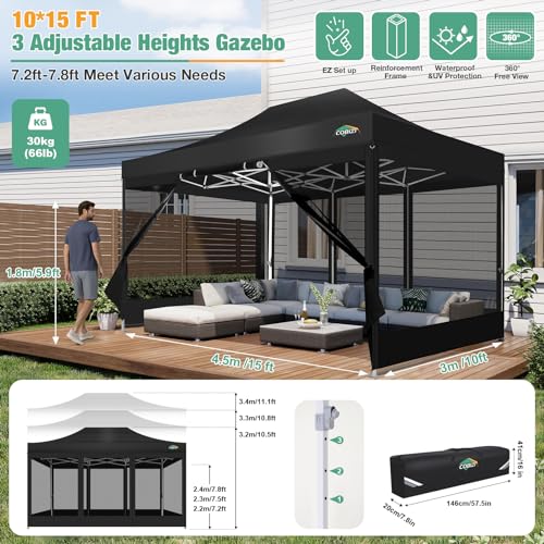 COBIZI 10x15 Canopy Tent, Heavy Duty Pop up Canopy with Sidewalls, Waterproof Easy Setup Canopy with Mosquito Netting, Outdoor Instant Screen Tents for Parties, Wedding, Backyard with Carry Bag, Black - color: Black, size: 10x15FT