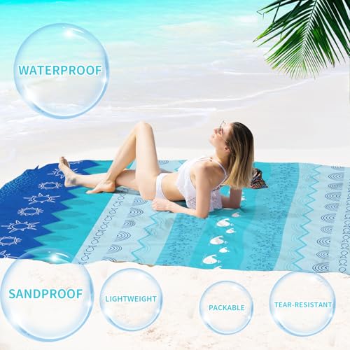 Beach Blanket 78''×81'' Suits 1-5 Adults Waterproof Sandproof Oversized Waterproof Lightweight Durable Beach Blanket Large Picnic Mat for Travel Camping Picnic - color: Sea, size: 78''x81''