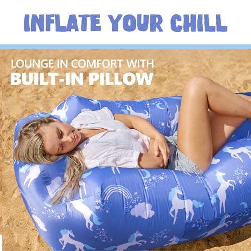 AlphaBeing Inflatable Lounger Beach Chair Accessories, Air Sofa Hammock Inflatable Couch for Camping Backyard Lakeside with Compression Sacks, Ideal Outdoor Gifts for Adults - color: Unicorn Navy