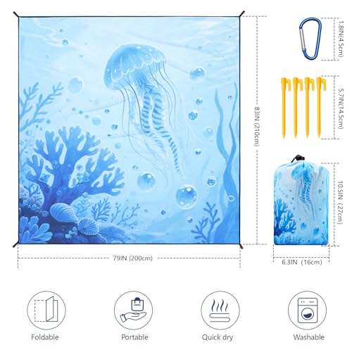 WIWIGO Beach Blanket Waterproof Sandproof Beach Mat 79" X 83"/10'x9'for 2-8 Adults Quick Drying Outdoor Picnic Mat Beach Accessories for Travel, Camping, Hiking - color: 3d-jellyfish, size: 79" X 83"（1-4person）