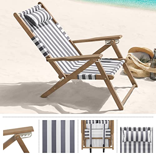 Lavish Home Beach Chair - Outdoor Weather-Resistant Wood Folding Chair with Backpack Straps - 4-Position Reclining Seat - Beach Essentials (Gray) - color: Grey, style: Set of 1