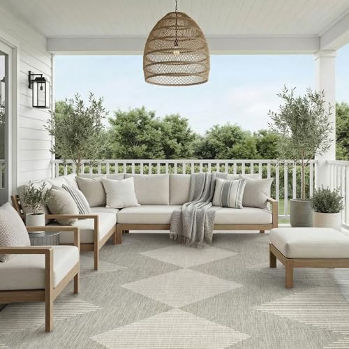 MontVoo-Outdoor Rug Carpet Patio Rug 9x12 Polypropylene Indoor Outdoor Rugs for Patio Deck Balcony Porch, Textured Weave, Durable for High Traffic, Fade-Resistant, Boho Geometric Silver Grey - color: Grey Ivory, size: 9' x 12' (Rectangular)
