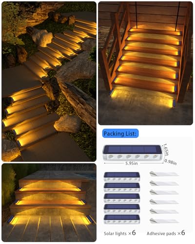 DetarZinLED Solar Step Lights for Outside,6 Pack Solar Stair Lights Outdoor Waterproof,Warm White Deck Light Solar Powered Waterproof for Steps,Stairs,Walkway,Sidewalk,Patio,Pathway - color: Warm White, size: 6 Pack