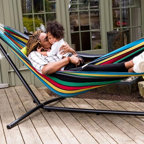 Vivere Double Cotton Hammock with Space Saving Steel Stand, Upgraded Polyester End Strings 450 lb Capacity - Premium Carry Bag Included - USA Grown Cotton (Rio Night) - color: Rio Night