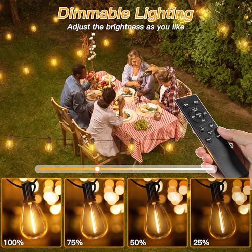 Ollny S11 100FT Outdoor String Lights with Remote, Plug in Waterproof Connectable 3 Modes Dimmable Timers Patio Lights with 48+2 LED Spare Bulbs, Dusk to Dawn Outdoor Light for Outside Bistro Yard - size: 100FT, style: S11-100FT(Remote)