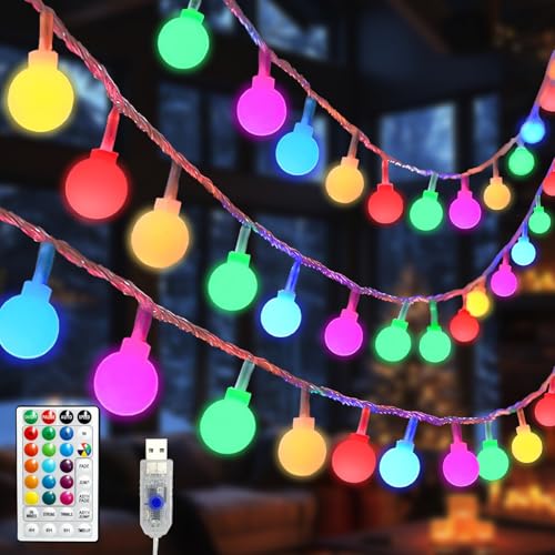 Globe Led String Lights Indoor 19 Color Changing String Lights Plug in 38ft 100 LED Fairy Lights with Remote Timer 7 Modes for Bedroom Dorm Party Camping Outdoor Christmas Lights Xmas Decoration - color: 100LED-RGB