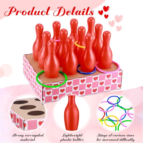 45 Pcs Valentine Bottle Toss Game Bowling Set Galentines Day Ring Toss Games Pink Red Hearts Box 12 Plastic Bowling Pins 32 Throw Rings for Holiday Party Backyard Outdoor Activity Carnival Game