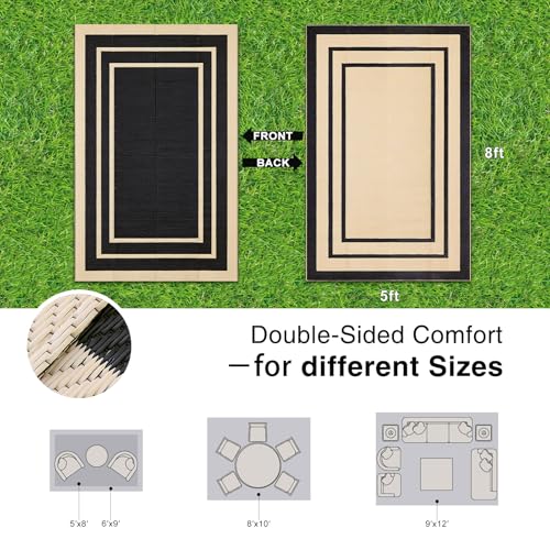 OLANLY Outdoor Rug 5x8 ft Waterproof, Reversible Outdoor Plastic Straw Rug, RV Mat, Indoor Outdoor Carpet Clearance for Patio, Camping, Balcony, Deck, Backyard, Black & Beige - color: Black & Beige, size: 5' X 8' (Rectangular)