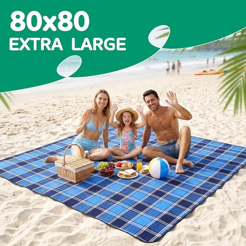 Waterproof Beach Blanket Picnic Outdoor Camp Mat Towel Family Beach Trip Essentials Summer Vacation Must Have Travel Accessories Lake Day Necessities Stuff Thing Need Gear Gift Supplies Item Gadget - color: Plaid Navy