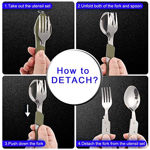 2Pcs Detachable Camping Utensils Cutlery Set, Caudblor Portable 4 in 1 Stainless Steel Travel Utensil, Foldable Knife Fork Spoon Bottle Opener, Multi Function Eating Flatware Tableware(Green Black)
