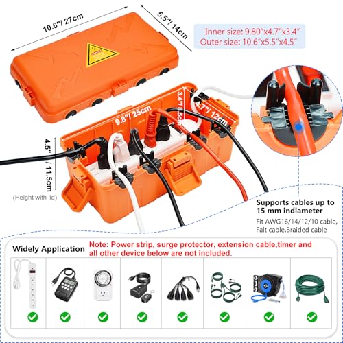 Hrensaw Medium Outdoor Electrical Box(10.6x5.5x4.5inch),Weatherproof Connection Box w/6 Cable Entry,IP54 Waterproof Extension Cord Cover Protect Power Strip,Timer,Plug,Holiday Lights,Orange - color: Orange, size: Medium