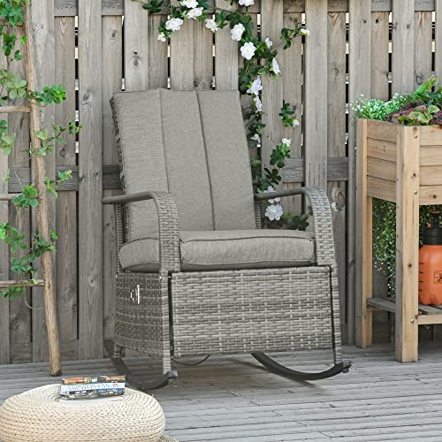 Outsunny Wicker Outdoor Rocking Chair, Patio Recliner with Adjustment Backrest, PE Rattan Lounge Chair with Adjustable Footrest and Cushions for Garden, Backyard, Porch, Gray - color: Grey
