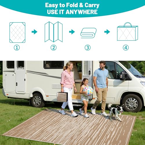 HEBE Outdoor Rug 6'x9' Waterproof, Reversible Plastic Straw Patio Rug Camping Mat, Indoor Outdoor Area Rug Carpet for Patios, Deck, Porch, RV, Camping, Picnic, Balcony - color: Stripe/Beige, size: 6' x 9' (Rectangular)