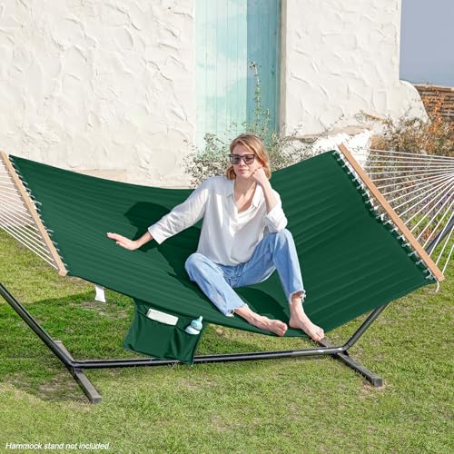 GAFETE Hammock 2 Person Quilted Fabric Hammocks for Outside, Double 12ft Hammocks with Spreader Bar, Large Removable Pillow, Storage Bag, Carabiners, Max 475 lbs Capacity (Night Green) - color: Night Green
