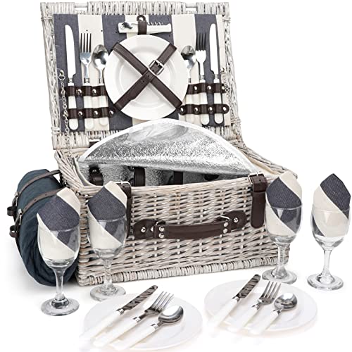 Picnic Basket Sets for 4 Persons with Insulation Layer,Waterproof Picnic Blanket, Tableware for Family,Party,Outdoor Living,Camping - color: Grayish White Color for 4 Persons