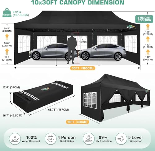 COBIZI 10x30 Pop Up Canopy Heavy Duty with 8 Removable Sidewalls, Commercial Portable Tents for Parties Ez Up Canopy All-Weather Windproof & Waterproof and UPF 80+ Wedding Tent - color: Black, size: 10x30FT