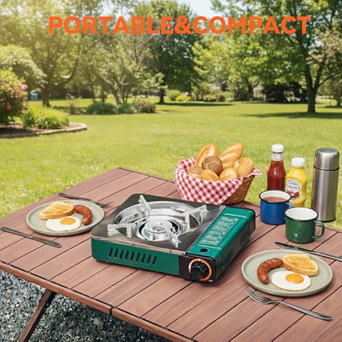 Butane Gas Stove with Carrying Case, Small Portable Camping Stove for Patio Cooking Camping Hiking RV Trip Tailgating Emergency Use, Green GS347 - size: 13.5"
