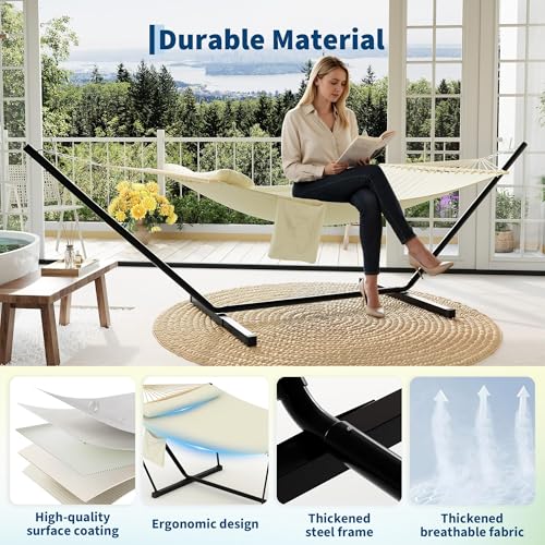 Double Hammock with Stand - Heavy Duty Portable 2 Person Design with Adjustable Steel Stand, Max 450LBS, Ideal for Outdoor Patio, Garden, Beach & Backyard - color: L-beige