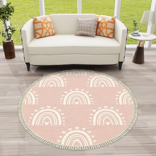 Round Boho Rug Kids Hand Drawn Seamless with Pink Pastel Rainbows Summer for Baby Area Linen Carpet Patio Hallway Runner Mat Pad Minimalist Home Decor Living Room Outdoor, Multi, 4 ft - color: Multi3, size: 4' (Round)
