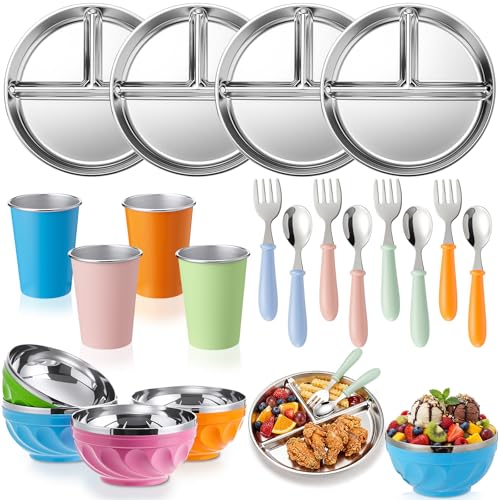 Jinei 20 Pcs Stainless Steel Bowls Set, 4 Stainless Steel Plates, 4 Metal Bowls, 4 Metal Cups, 4 Spoons, 4 Forks, Rainbow Colorful Utensils Dishwasher Safe, Durable Dining Set for Home Travel Camping
