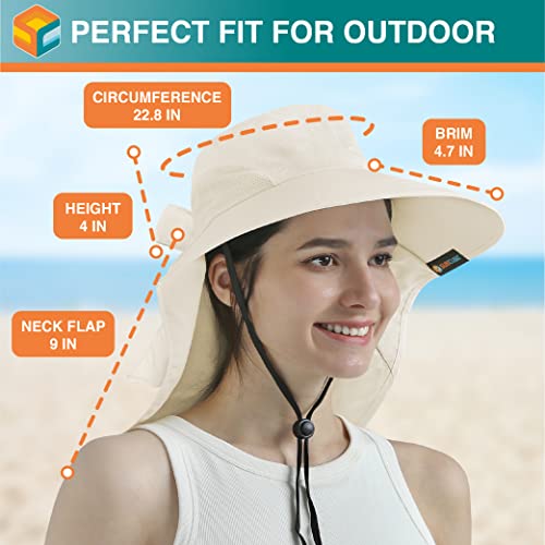 SUN CUBE Wide Brim Sun Hat with Neck Flap, UPF50+ Hiking Safari Fishing Hat for Men Women, Sun Protection Beach Hat - color: Beige With Bow