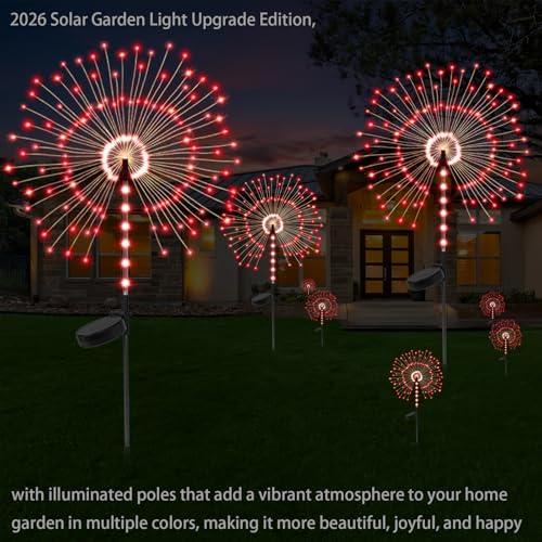2 Pack 250LED Solar Garden Lights Outdoor, Dual Lighting Modes Firework Lights Solar Powered, Waterproof Twinkle Fairy Light Outside for Yard Patio Pathway Christmas Party Decorative(Red) - color: Red 02
