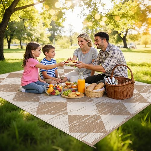 HEBE Checkered Outdoor Rug Waterproof 5x8, Reversible Plastic Straw Rug RV Camping Rug, Indoor Outdoor Patio Mat Clearance, Outside Carpet for Porch,Deck,Camper,Balcony,Backyard,Picnic - color: Light Beige, size: 5' x 8' (Rectangular)