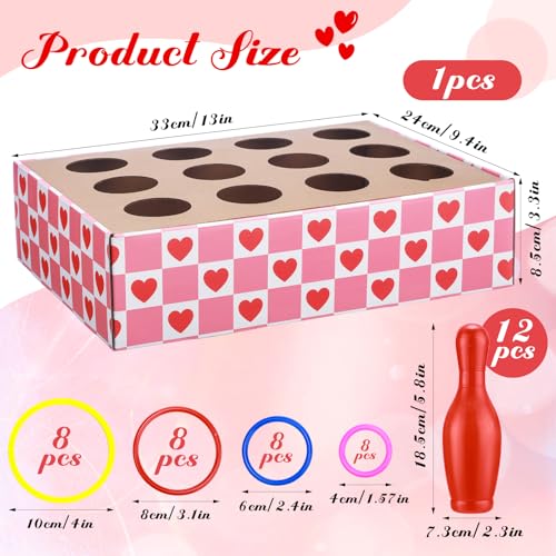 45 Pcs Valentine Bottle Toss Game Bowling Set Galentines Day Ring Toss Games Pink Red Hearts Box 12 Plastic Bowling Pins 32 Throw Rings for Holiday Party Backyard Outdoor Activity Carnival Game