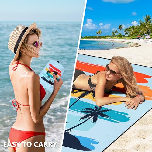 HIHOHO Beach Blanket Waterproof Sandproof Extra Large Beach Mat 79" X 83"/120"x108"for 1-8 Adults Quick Drying Durable Outdoor Picnic Mat for Beach Travel Camping Hiking - color: Coconut Tree - Rainbow - Light Blue, size: 79" X 83"（1~3 person）