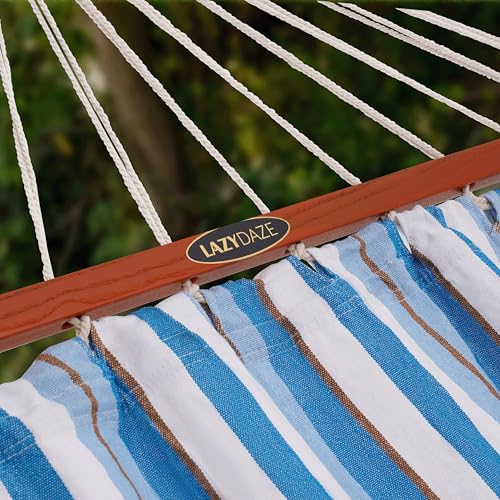 Lazy Daze Hammocks Cotton Fabric Spreader Bar Hammock and 10.5 Ft Wood Arc Hammock Stand Combo, for Indoor, Outdoor, Patio, Backyard, Blue and White - color: Blue and White