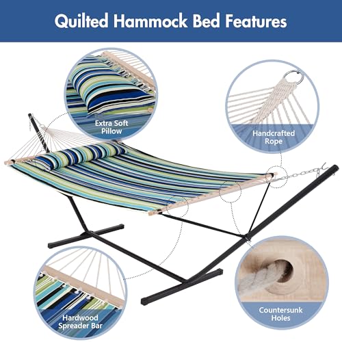 ANOW Double Hammock with Stand 12FT Included, Heavy Duty Hammock with Stand for Outside, 450 LBS Weight Capacity, Green & Blue Stripe - color: Green & Blue Stripe, size: 2 Person With Stand