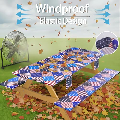 Fitted Waterproof Picnic Table Cover with Bench Covers Elastic 72×30Inch Weather Proof Non Slip Camping Table Clothes for 6Feet Rectangle Tables Campers Summer Fall Travel Hiking Tools Gifts - color: Patchwork American Flag, size: 72" x 30" (Rectangular)
