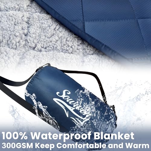 Waterproof Outdoor Blanket 92”X 60” Packable, Stadium Blankets for Camping with Sherpa Fleece Lining, Large Windproof Emergency Throw Mat for Garss Picnic Hiking Road Trip, Machine Washable, Navy - color: Sherpa Navy-300 Gsm, size: 92"x 60"