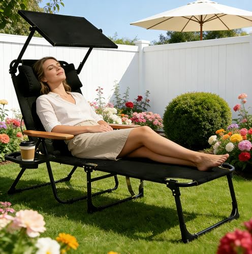 Folding Lounge Chair with Canopy, Tanning Chair with 4-Position Reclining Back, Folding Sun Lounger, Outdoor Lounge Chair for Beach, Poolside, Backyard, Camping, UPF 50+ Sun Shade, 300 LBS - color: Black With Sun Protection