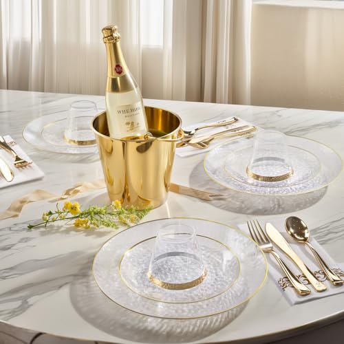 DaYammi 350PCS Clear Gold Plastic Dinnerware Set for 50 Guests, Hammered Disposable Plates for Party, Include: 50 Dinner Plates, 50 Dessert Plates, 150 Gold Silverware, 50 Napkins, 50 Cups - color: Clear, size: 350 Pcs