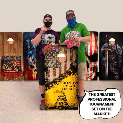 CornholeGamesUSA Pro Cornhole Boards Set | Made in USA | 3/4 Baltic Birch | No Bounce | Triple Thick Legs | Two Brace & Handles, Tournament 2x4 Regulation Set with Score Tower & Cornhole Bags - color: Dont Tread
