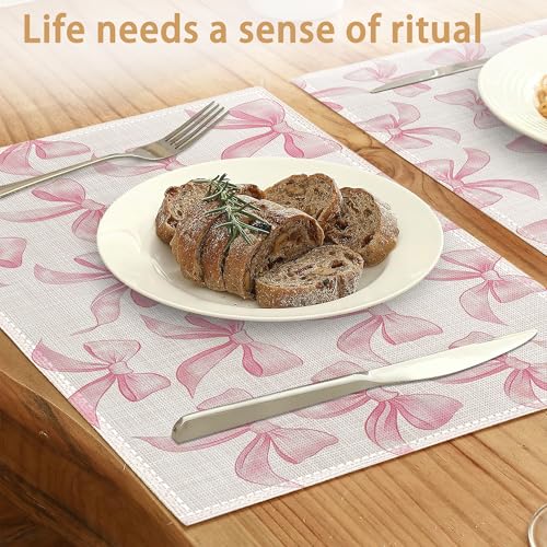 Pink Bows Placemats Set of 6,Cute Waterproof Non-Slip Washable Table Mats for Kitchen Dining Holiday Party Wedding Decor 12x18 Inch - color: Pink Bows,cute