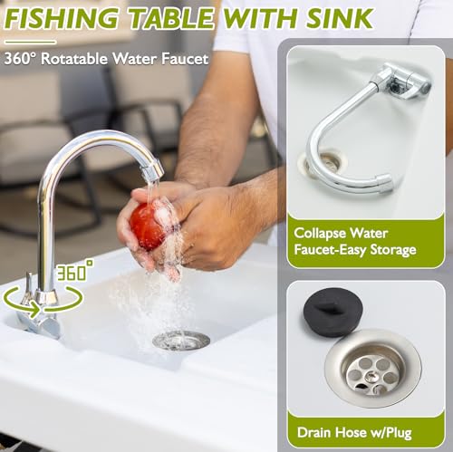Folding Fish Cleaning Table Portable Camping Sink with Faucet Drainage Hose & Sprayer Outdoor Fillet Station Grid Rack Knife Groove for Picnic Fishing, Black - style: A Sink-Black