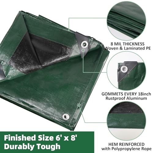 Heavy Duty Double-Sided Waterproof Poly Tarp 6x8 Feet 8mil Thick Polyethylene Tarps, Perfect for Outdoor Use, Plastic Cover & Mat for Tent Camping Storage Boat Bikes Vehicles, 2 Pack - color: Jasper-8 Mil, size: 6' x 8' 2psc