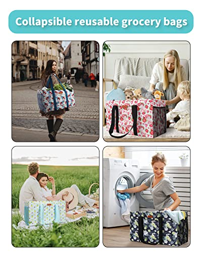 WONDAY Extra Large Reusable Grocery Bag Carrier with Handle, Thirty One Utility Tote Foldable for Shopping and Beach - color: Blue Flower