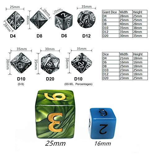 Dice- DND Polyhedral Dice Set 25mm Giant Dice for Dungeons and Dragons D&D Pathfinder RPG MTG Role Playing Dice with Dice Bag (Green) - color: Green