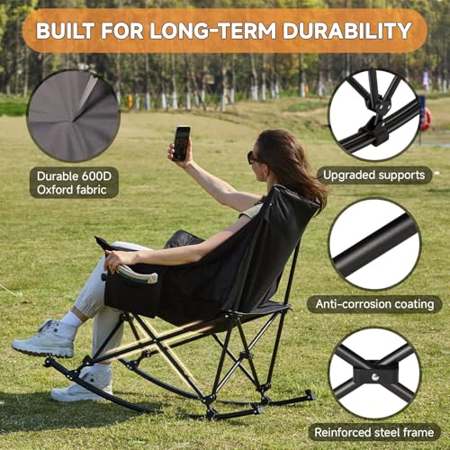 Youtanic Oversized Folding Rocking Camping Chair, Padded Portable Rocking Chair with Pockets, Cup Holder and Carry Bag, Heavy Duty Outdoor Rocker Patio Chair for Garden, Lawn, Yard, Up to 400lbs, Gray - color: Gray-black